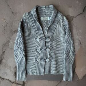 Aran Cross Over Neck Cardigan Small Gray Merino Wool Sweater Irish Fisherman